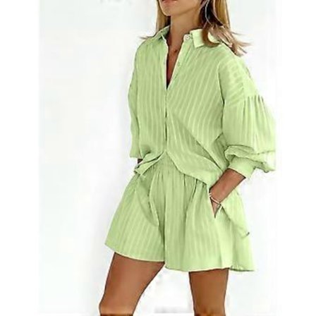 Efterårs- og vinterdametøj Stribet bobleærme Shorts Sense Afslappede outfitsæt (XL Grøn)
