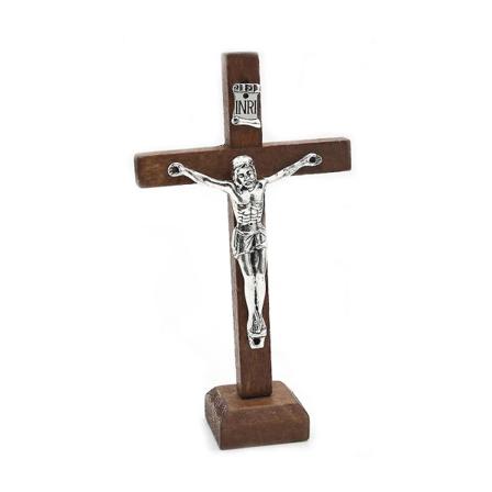 Katolske Jesuskorskrucifiks af træ med stativ Religiøs bøn Bordpladeindretning Brown