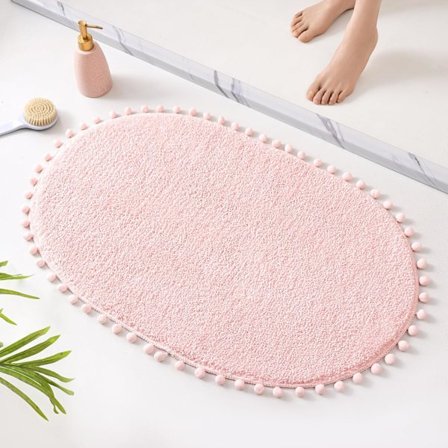 Badrumsmatta Blush Rosa Matta med Pom Oval Badrumsmattor för Sovrum Halkfri Söt Boho Absorberande Mattor Mjuk Plysch Tvättbar Ru