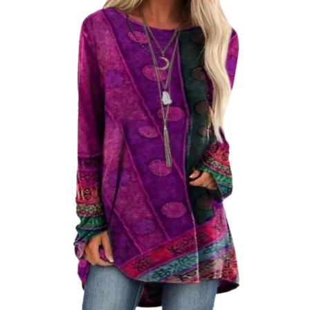Dam S T-shirt Retro Print Loose Fit Round Neck Långärmad Till