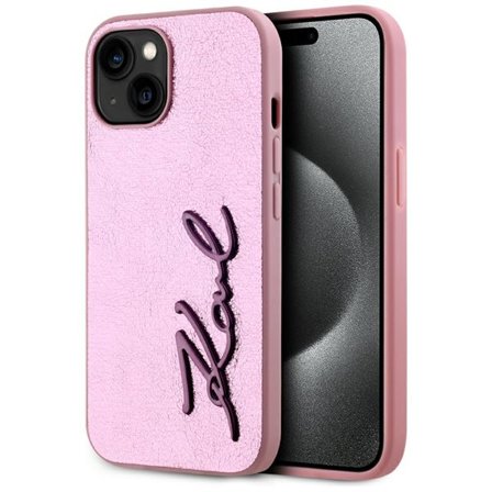 Karl Lagerfeld Wrinled Metal Signature iPhone 15-etui - rosa