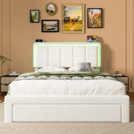 Sängram 160x200 cm med teddy sammet & järnträ - Justerbar sänggavel, USB, ljus