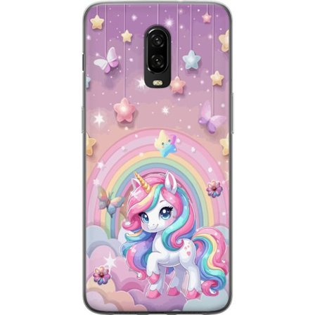 Kompatibelt Mobildeksel til OnePlus 6T Magisk enhjørning med regnbue manke, stjerner og sommerfugler mot en pastellhimmel med skyer