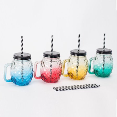 Ananasglas med låg og sugerør, sæt med 4