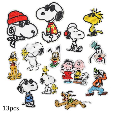 13 stk. Snoopy Cartoon broderede stryge på patches, DIY sy applikation reparation patch, sy på/stryge på patch til jakker, jeans, bukser, rygsække, 