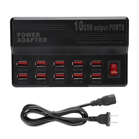 USB Smart Lader 10-Porter 12A Hurtiglading Stasjon Strømkabel Strimmel Plugg Dock Blokk 100-240V US Plugg