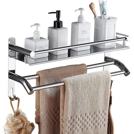 Handduksstativ i rostfritt stål med hylla, justerbar 15"-26.8", badrumsstativ med handduksräcke och krok för väggmontering, M