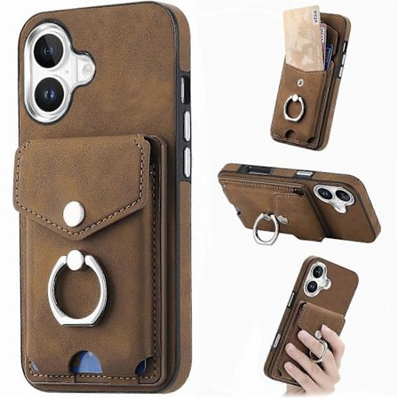 Til iPhone 16 Plus Telefon Cover Ring Stand Læderbelagt TPU Bagside Cover med Kortholder - Brun (Brun)