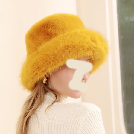 Fuskepels fluffy bøttehatt, varm lue, gul