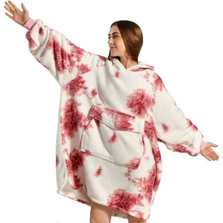 Puettava peittohuppari, Ylisuuri Sherpa-huppari naisille ja miehille, Mukava collegepaita jättitaskulla Red Tie-dye