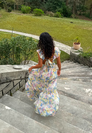 Bubbleroom Occasion - Frill Tie Back Maxi Dress - Floral - Kläder