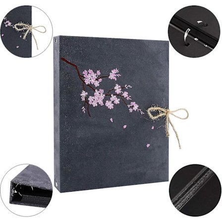 DIY fotoalbum med blomster, brodert, svarte sider, utklippsbok