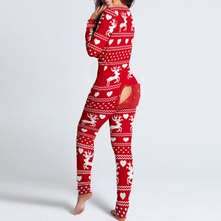 Dame Pyjamas Jumpsuit Hel Dress Trykk Julepyjamas Langermet Nattøy Mørk rød (rein) Dark red S