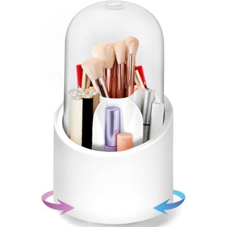 Sminkbørsteholder, Makeup Organizer, 360° roterende base med høj kapacitet Let at rengøre Makeup Organizer, Hold børsterne rene med støvtæt låg, s