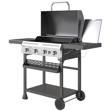 Gasgrill 12 KW 4+1 brännare BBQ grillvagn av rostfritt stål inklusive sidobrännare termometer grillgaller häll flasköppnare sidohyllor gasolgrill för