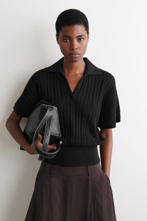 COS Women's Pointelle Knit Cotton Polo Top in Black