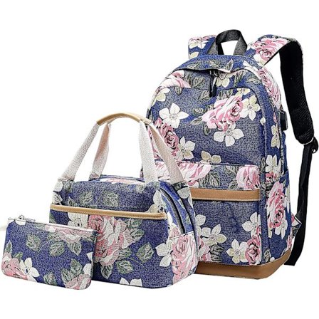 Canvas Rygsætsæt Blomsterprint med Madkasse og Penalhus