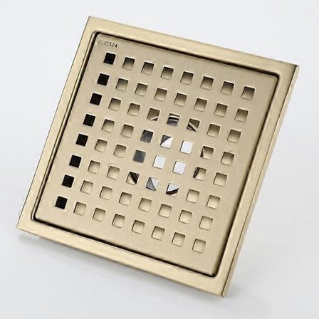 Suihkukaivo, kulta, ruostumaton teräs, neliö, 15x15 cm, lattiakaivo, lattiakaivon kansi, messinkinen hajulukko, harjattu kulta