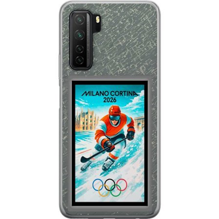 Kompatibel Mobilcover til Huawei P40 lite 5G Curling illustration med spillere og sten på isen, Milano Cortina 2026, snedækkede stænk og olympiske
