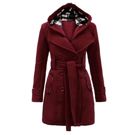 Dame Hoodie Frakke Dobbeltradet Vinter Filt Lang Jakke Med Taljebælte