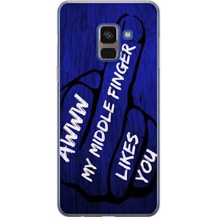 Kompatibelt Mobildeksel til Samsung Galaxy A8 (2018) Mørk typografisk illustrasjon med hjerteform og budskap om vennskap mot dyp blå tretekstur