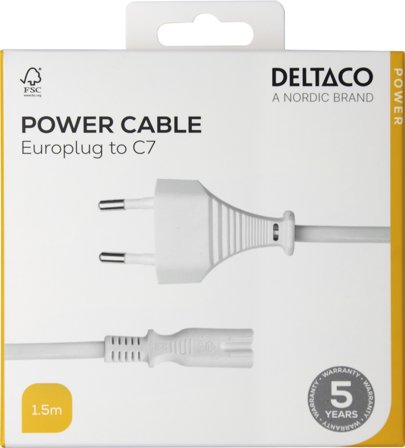 Deltaco Power cord CEE 7/16 - C7, 1,5m, white
