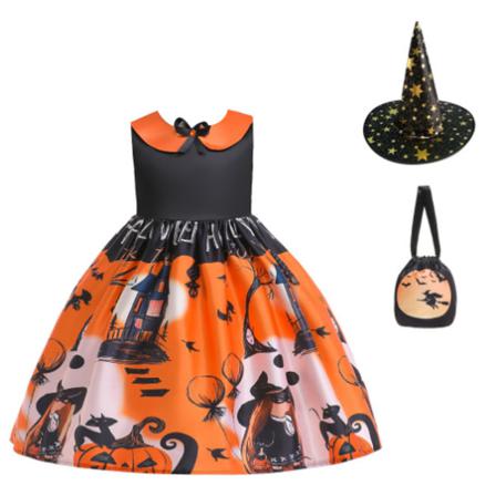 Flickor Halloween Dräkt Klänning Häxhatt Ghost Pumpkin Black Orange 3xl