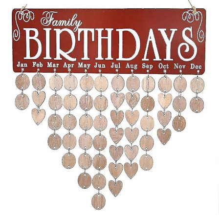 Familiens bursdagskalender i tre, veggdekor, tavle for bursdagspåminnelse med 50 stk. tre DIY-brikker