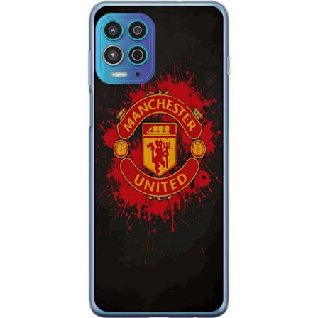 Kompatibelt Mobildeksel til Motorola Motorola Moto G100 Manchester United logo i rød og gul farge med røff sportslig bakgrunn
