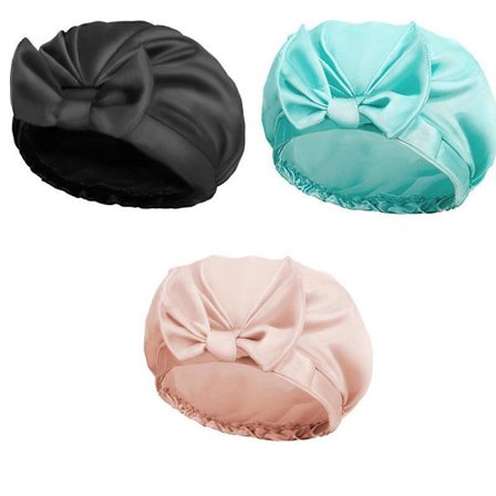 3-delat silkesmössa för kvinnor, satin-nattmössa, dubbelt lager satin-foder, hårbonnet med rosett-hårband för lockigt hår