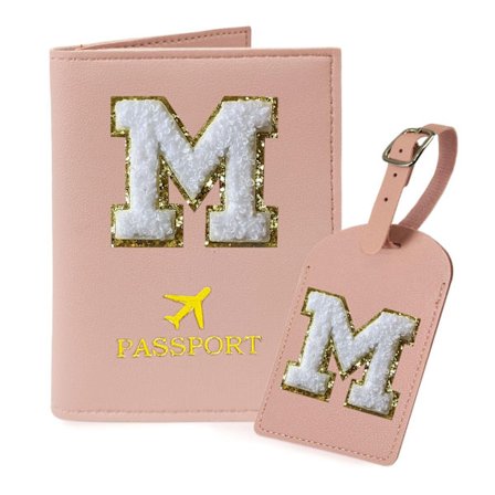 Rosa Passfodral & Bagagetag-set för Kvinnor, Personliga Monogrammade Resetillbehör med Initial Bokstav, Söta Resepresenter
