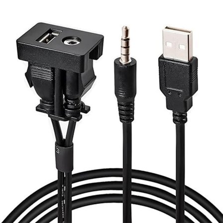 USB- og Aux-port for bil, innfelt dashbordpanelmontering 3,5 mm Automotive Dual Port-utvidelse med uttrekkbar kabel, støtte for lyd med 