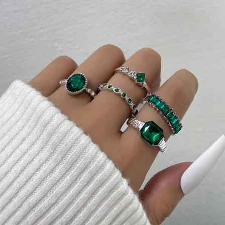 5 kpl Vihreä kristallisormussetti naisille Geometrinen set timantti Silver