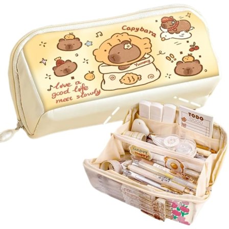 Pencil Pouch Multi-Layer Stor Kapacitet Capybara Print Særpræget Sjov Sød (Beige-2)