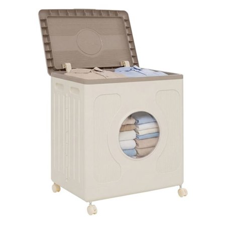 COSTWAY 122L Foldsbar Plastik Opbevaringsboks med Låg, 4 Hjul, Transparent Vindue, til Tøj, Legetøj Grå