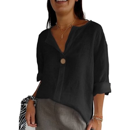 Damtoppar 3/4 Ärm Skjorta Casual V-ringad Lös Casual T-shirts Bomull Linne Sommar T-shirts Business Arbete Tunikor Skjorta