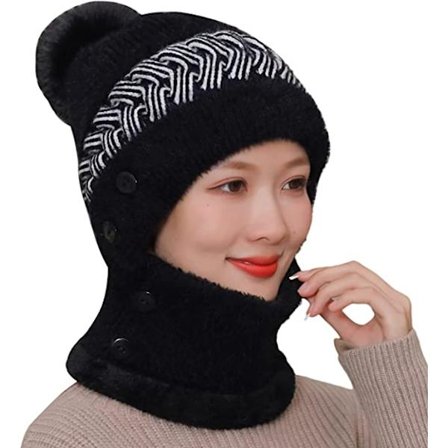 Hatt och halsduk all-in-one dam höst och vinter stickad mössa p