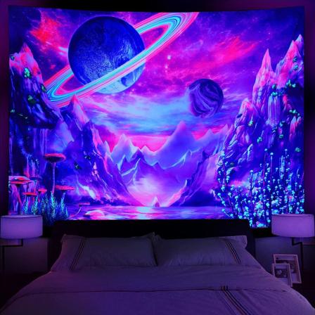 CDQ UV-reaktiv Galaxy Space Gobelin Psykedelisk Neonlampe Soveværelse Stue Æstetisk Gobelin 150x130cm