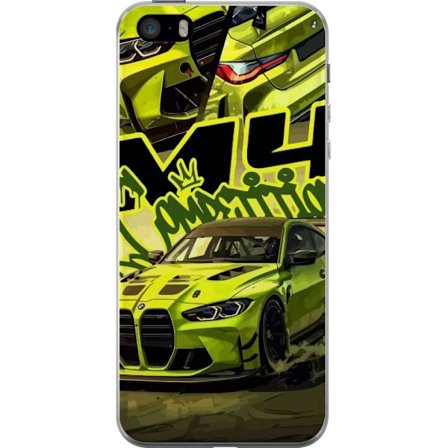 Yhteensopiva Puhelinkuori Apple iPhone 5s Bluey-perhe iloisessa piirrostyyliä kukkaisella taustalla ja leikkisällä väripaletilla