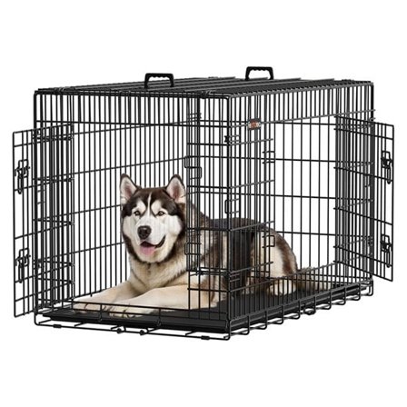 Hopfällbar hundbur med dubbeldörr 122×74,5×80,5 cm – Svart