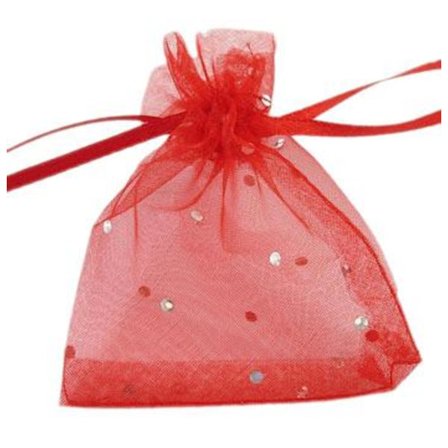 10 st Röda med silverprickar organza påsar c.a 10x12 cm.