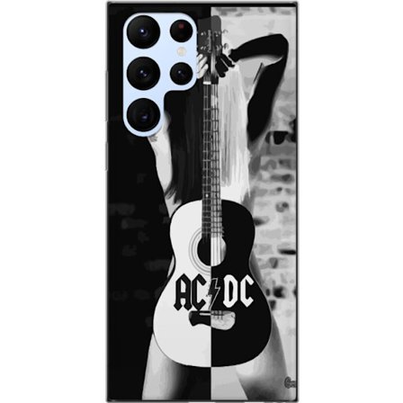 Yhteensopiva Puhelinkuori Samsung Galaxy S22 Ultra 5G ACDC Kitaratyttö aihe mustavalkoisella rock-suunnittelulla nainen kitaralla musiikin ja rock-rak