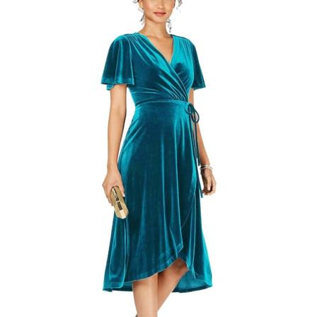 ivimos Dam Velvet Plisserad Wrap Tie Midja Elegant Flytande Fest Plus Size Midi Klänningar Teal/W Medium