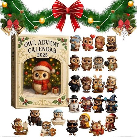 Pöllöjoulukalenteri 2025, 24 päivän joulukalenteri - 24 lahjaa minipöllöhahmoilla, pöllöyllätysriipus, ainutlaatuinen kodin sisustus ja juhlava 