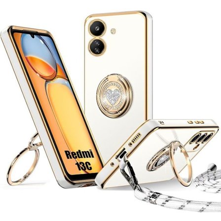 Coque en silicone - E.F.CONNECTION - Pour Xiaomi Redmi 13C - Silicone souple - Cordon - Anneau rotatif brillant