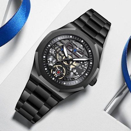 Armbåndsur med Japansk Mekanisme, Rustfrit Stål, Sort Kriger Kalender, Vandafvisende Herre-Ur