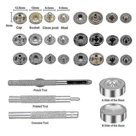 120 kpl nahkakiinnityssarja 12,5 mm metalliset napit 4 asetustyökalua 6 väriä nahkanapit