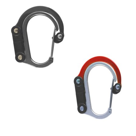 Todelt sort og rød mini karabinhage - dobbelt karabinhage rotatab