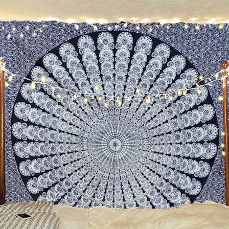 Wekity hippie Bohemian Psychedelic Golden Blue Peacock Mandala veggteppe sengeteppe (svart hvitt, størrelse: 51,2" x 59,1")