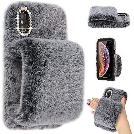 for iPhone 11 Deksel Søte Jenter Myk Faux Pels Glitter Diamant Furry Fluffy Hanske Silikon Telefon Deksel for iPhone 11 Deksel Grå